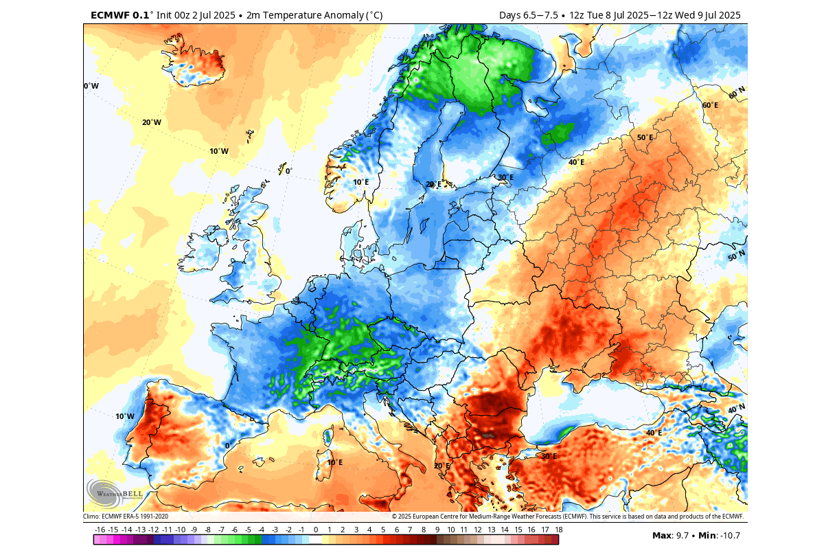Analyse des anomalies de température et de pression en Europe début juillet 2025 (plus frais à l’ouest, anticyclone subtropical à l’est)