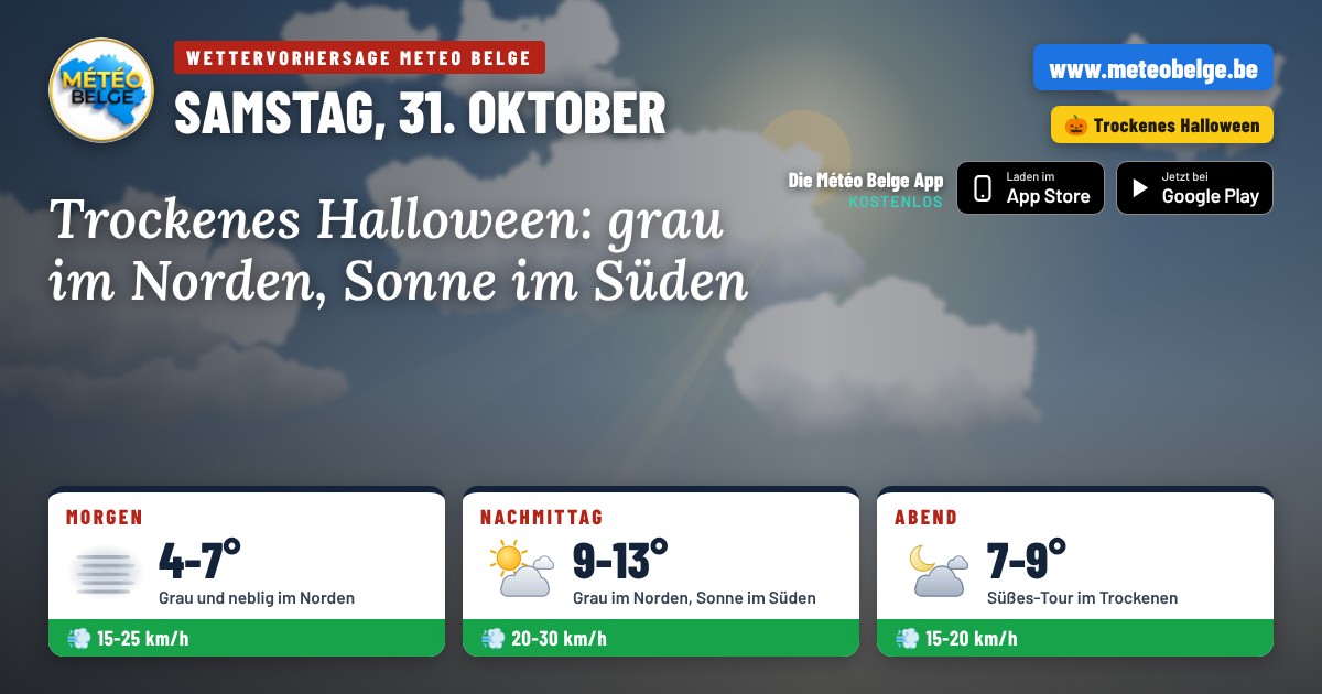 Vorhersagen Météo Belge zu Halloween, Samstag, 31. Oktober 2026: grau und neblig im Norden, Sonne im Süden, 9 bis 13°C, trockener Abend mit 7 bis 9°C