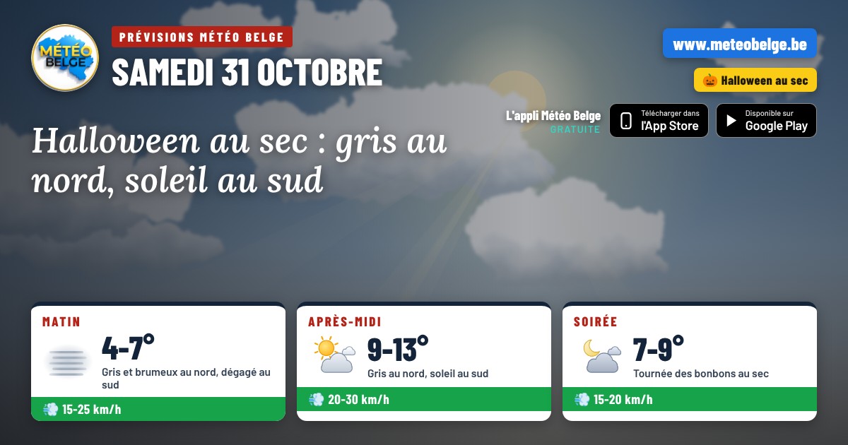 Prévisions Météo Belge pour Halloween, samedi 31 octobre 2026 : gris et brumeux au nord, soleil au sud, 9 à 13°C, soirée sèche avec 7 à 9°C