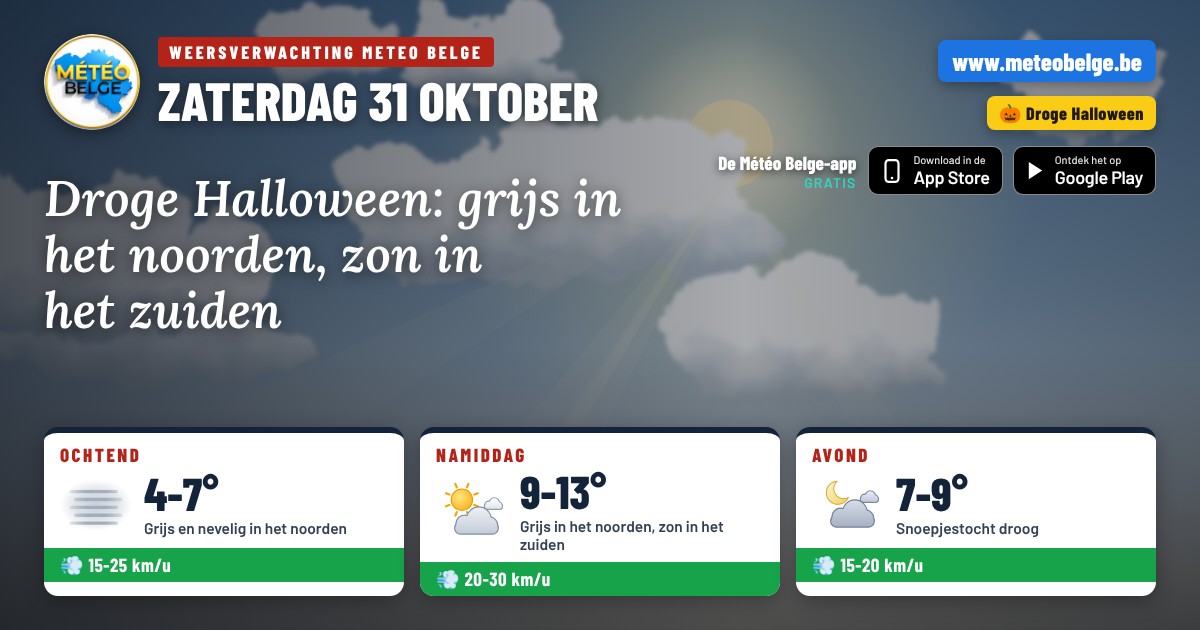 Voorspellingen Météo Belge voor Halloween, zaterdag 31 oktober 2026 : grijs en mistig in het noorden, zon in het zuiden, 9 tot 13°C, avond droog met 7 tot 9°C