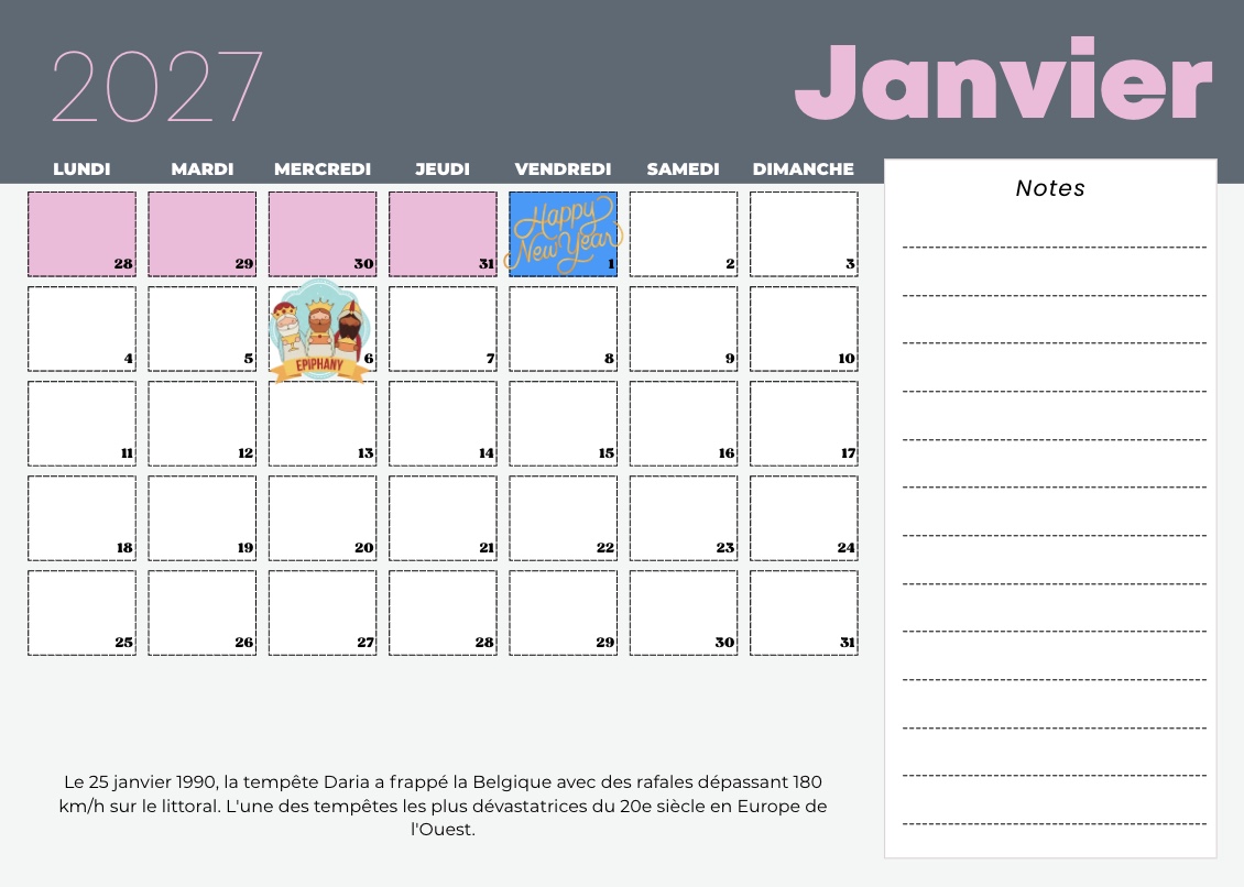 Page de janvier du calendrier Météo Belge 2027